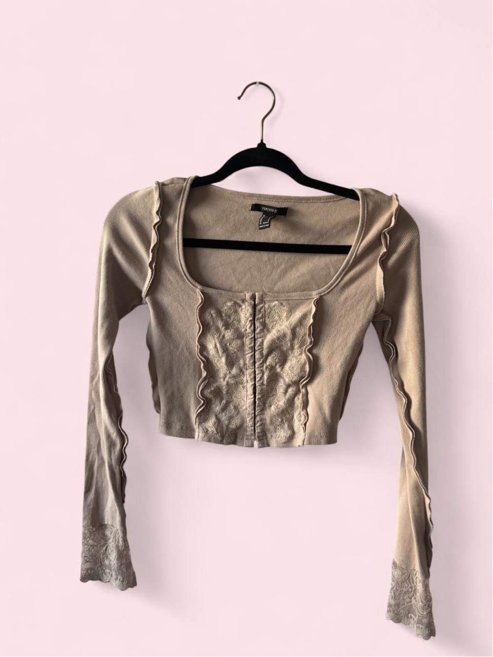 Forever 21 Beige Lace-Trim Cropped Long-Sleeve Top